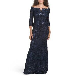 XSCAPE Navy Long Sleeve Soutache Gown